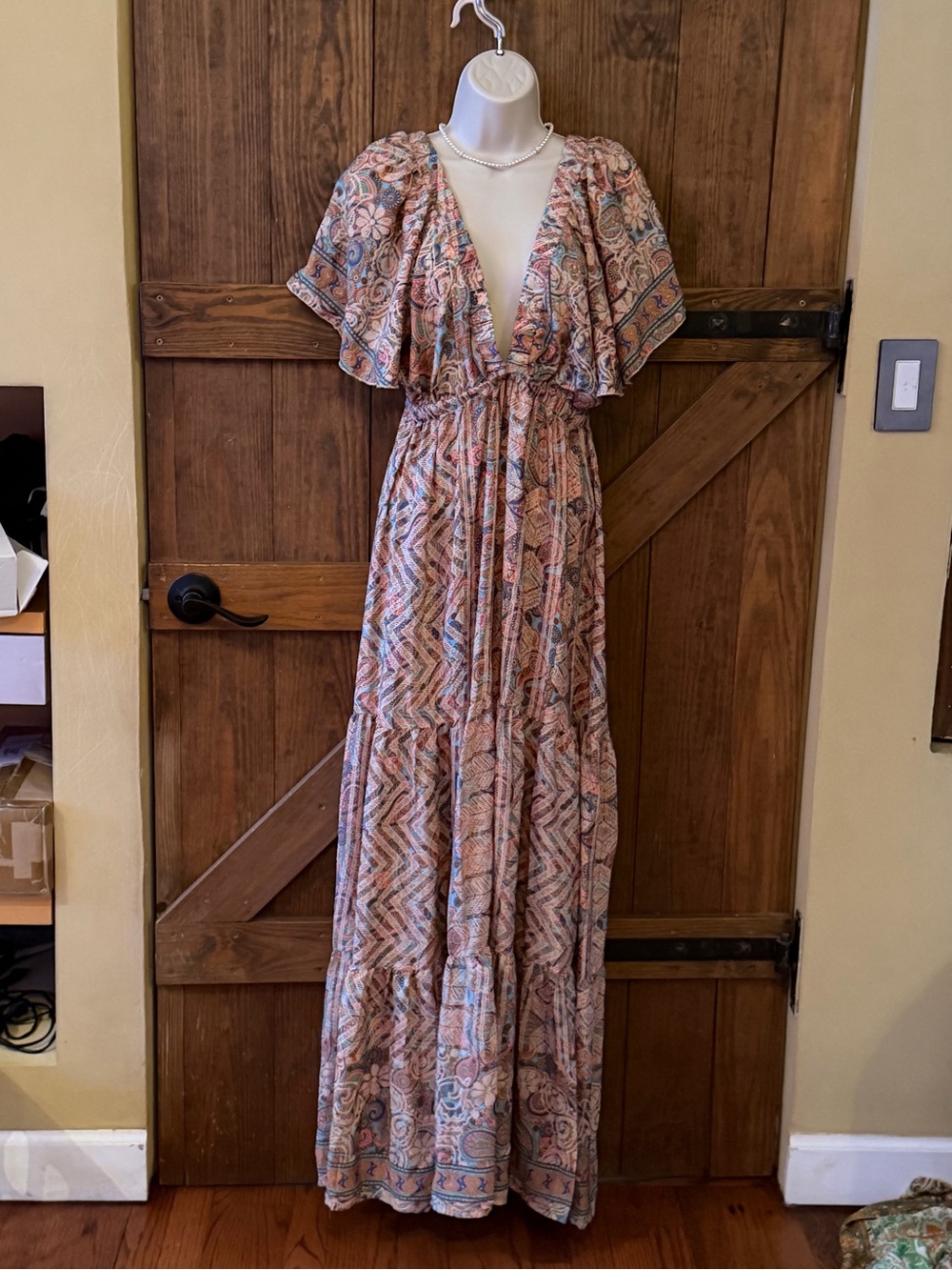 Zury Silk Blend Paisley Maxi Dress Womens Free Size  Boho Open Back Tassel